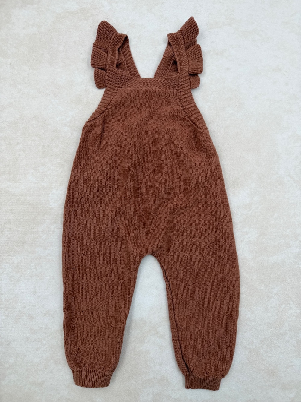 Quincy Mae Brown Knit Ruffle-Shoulder Overalls